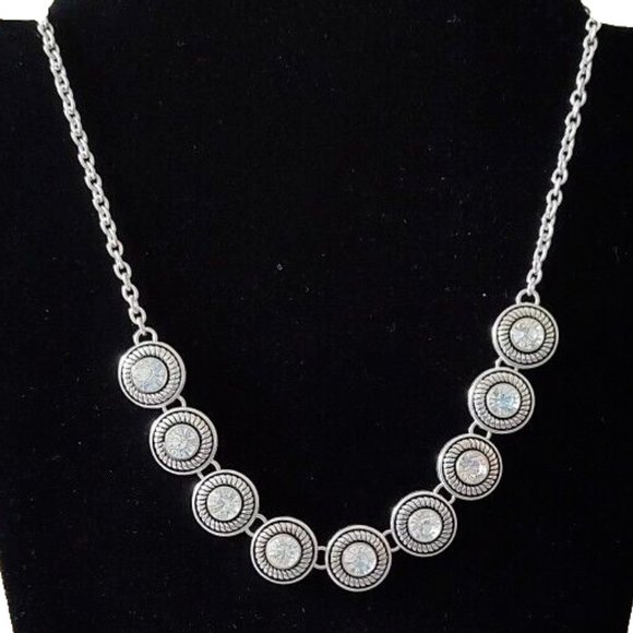 Silver Tone Metal & Faceted Clear Glass Stone Necklace Adjustable 17" - 20" - Picture 1 of 12